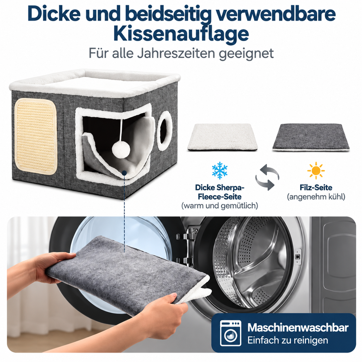 Modernes faltbares Katzenhaus mit doppelseitigem Ganzjahreskissen & Hängespielzeug