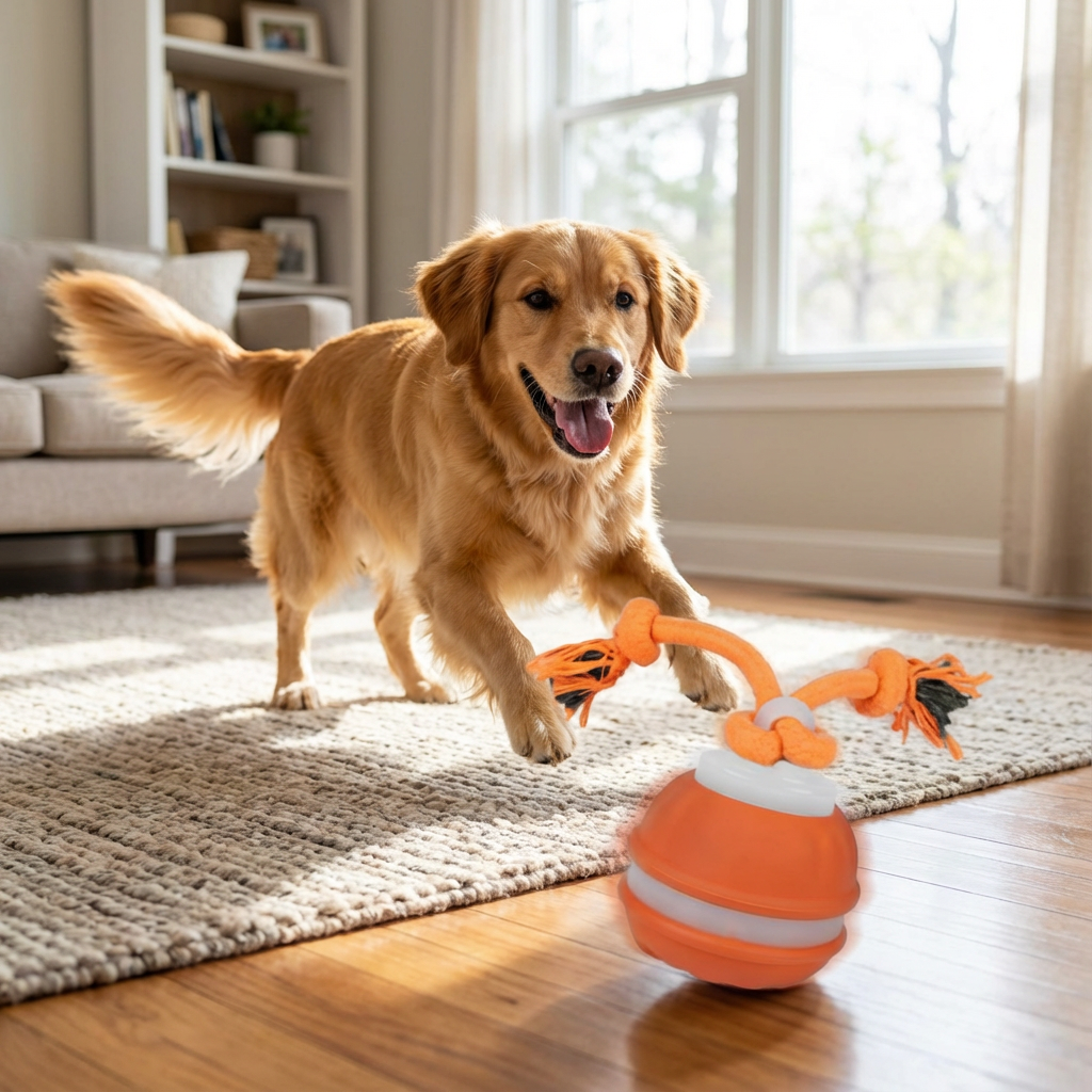 Robuster Hunde Spielball mit Bewegunssensor und Zugseil in Hundefarben