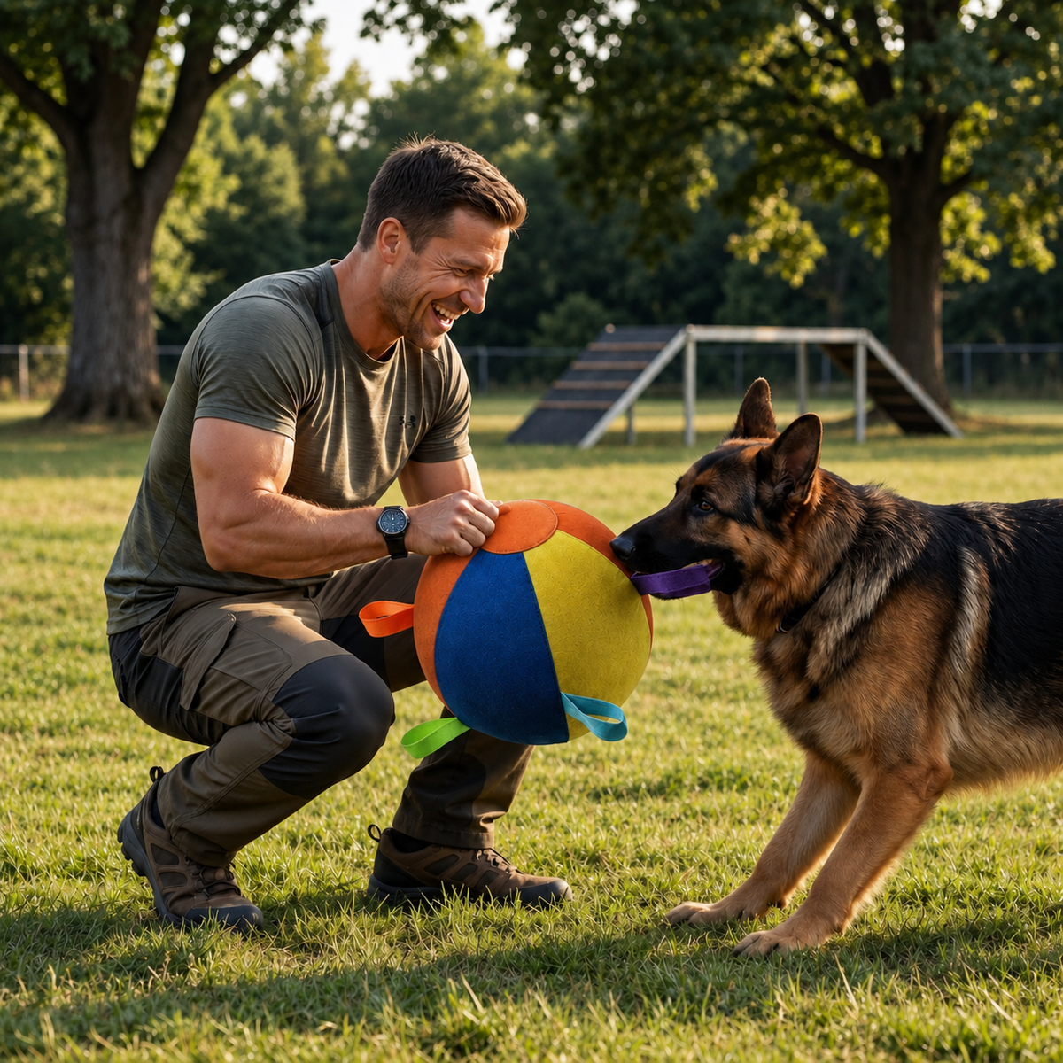 Interaktiver bunter Treibball mit Griffen für Hunde – Robustes Outdoor-Trainingsspielzeug