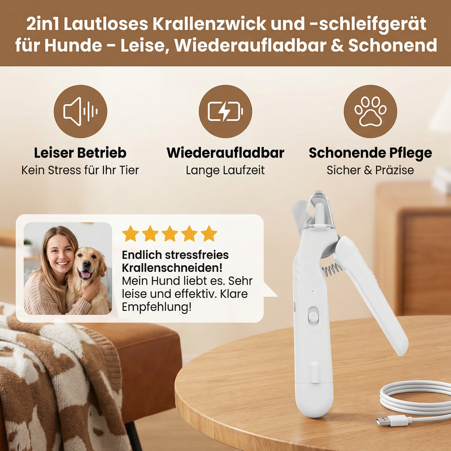 2in1 Lautloses Krallenzwick und -schleifgerät für Hunde – Leise, Wiederaufladbar & Schonend