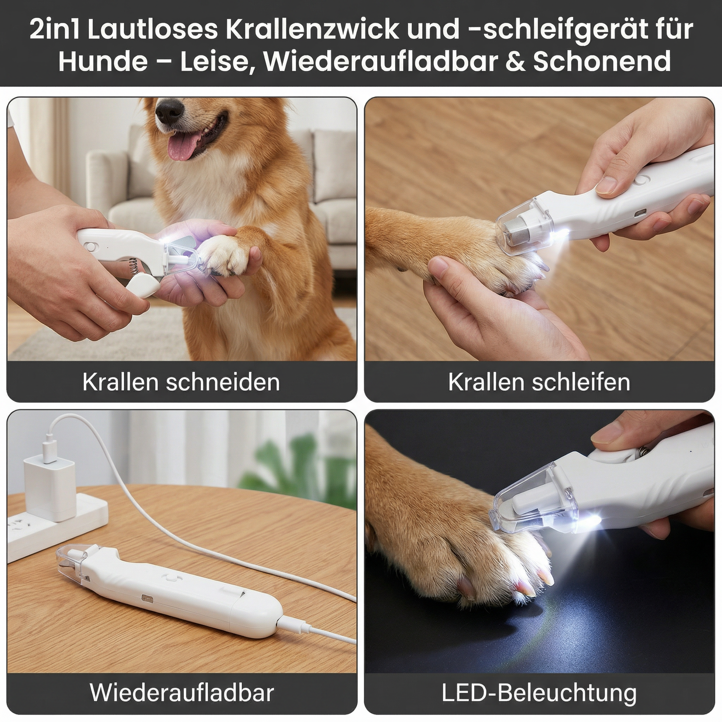 2in1 Lautloses Krallenzwick und -schleifgerät für Hunde – Leise, Wiederaufladbar & Schonend