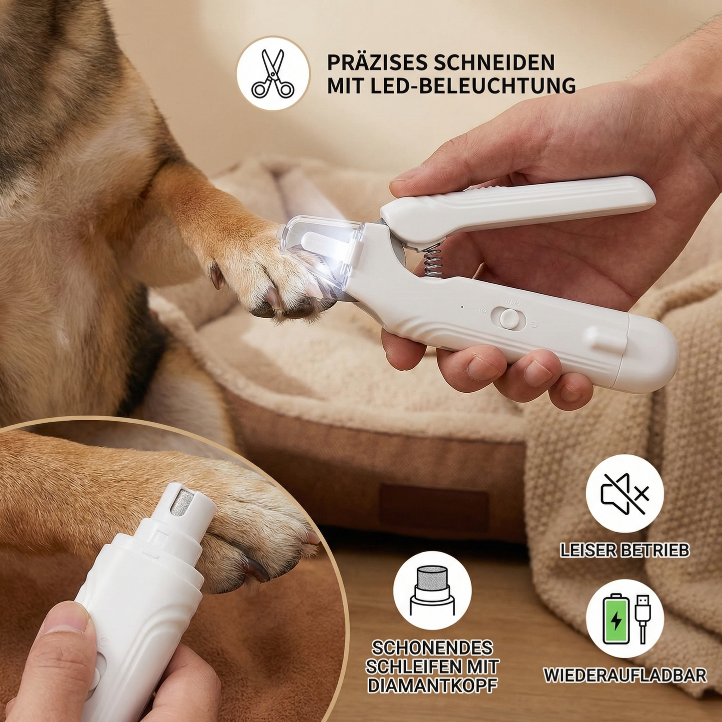 2in1 Lautloses Krallenzwick und -schleifgerät für Hunde – Leise, Wiederaufladbar & Schonend