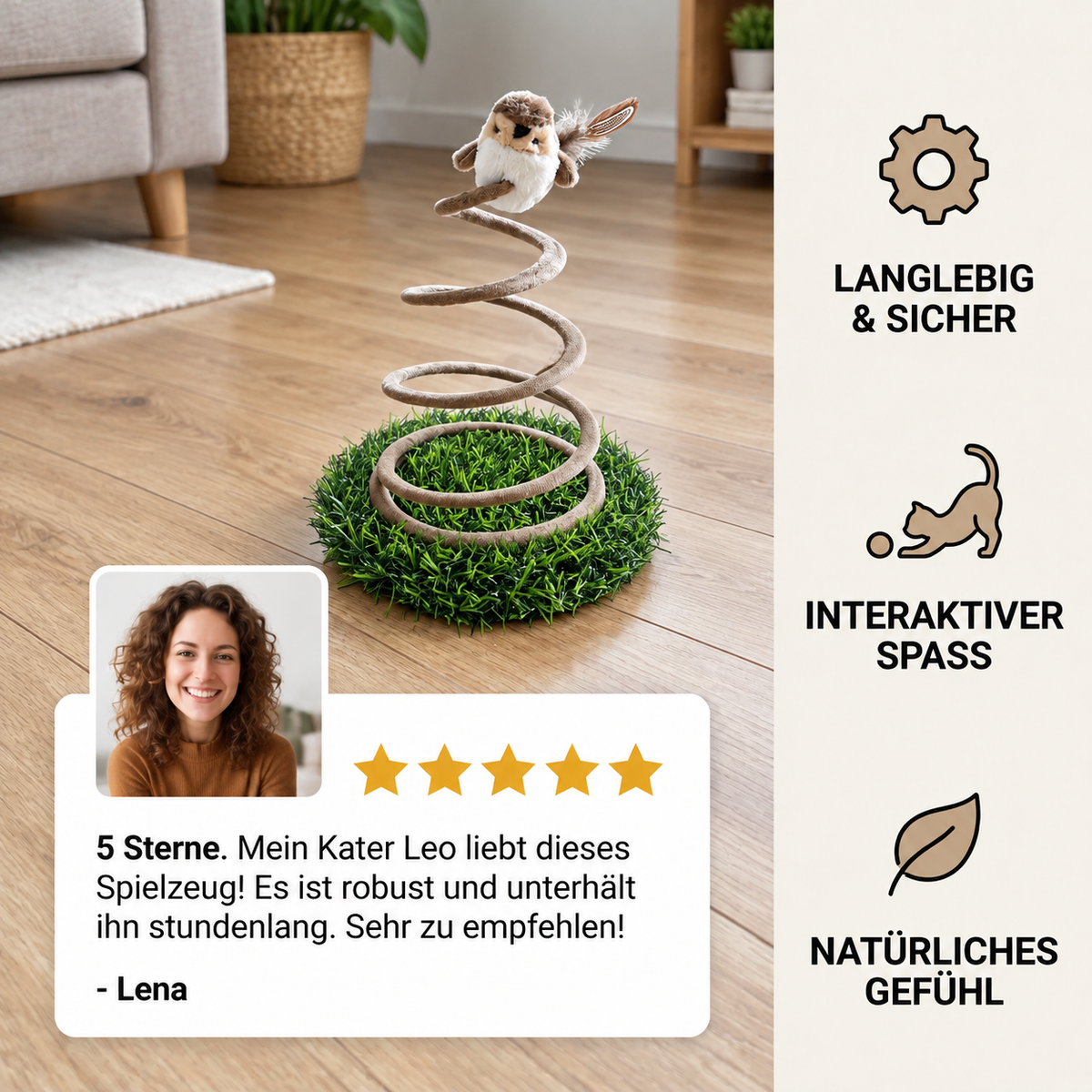 Interaktives Feder-Vogelspielzeug für Katzen mit Grasbasis
