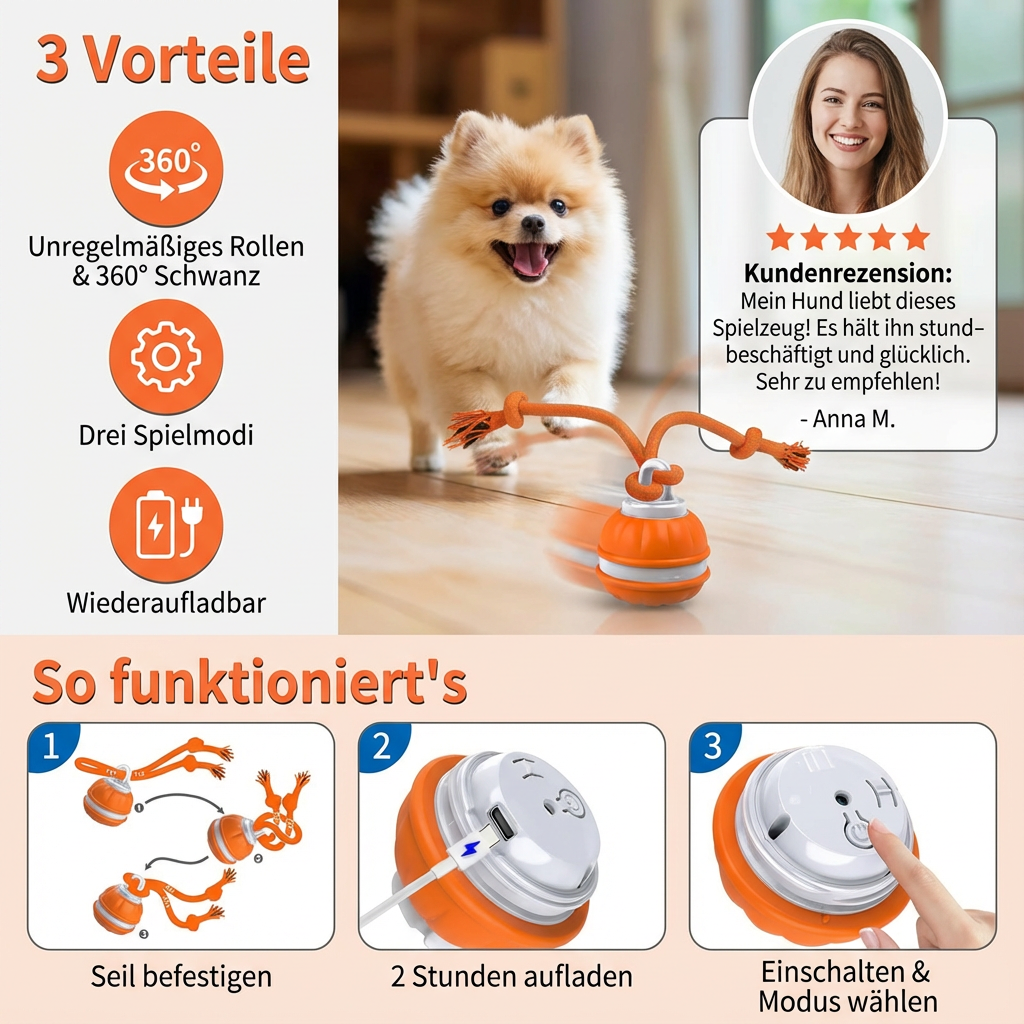 Robuster Hunde Spielball mit Bewegunssensor und Zugseil in Hundefarben