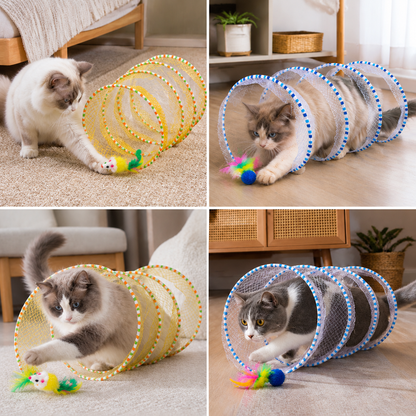 Faltbarer spiralförmiger Katzen-Spieltunnel mit Feder-Glöckchen