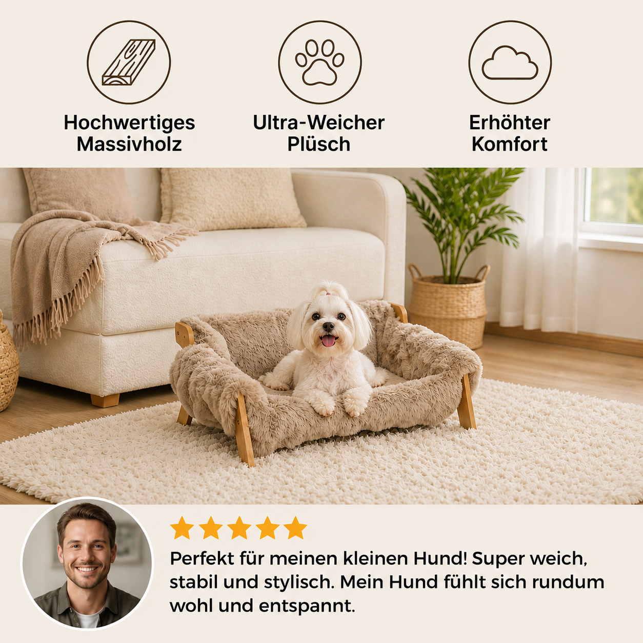 Luxuriöses, erhöhtes Hundebett aus Massivholz