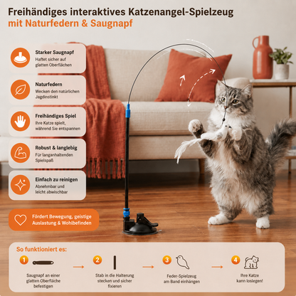 Freihändiges interaktives Katzenangel-Spielzeug mit Naturfedern & Saugnapf
