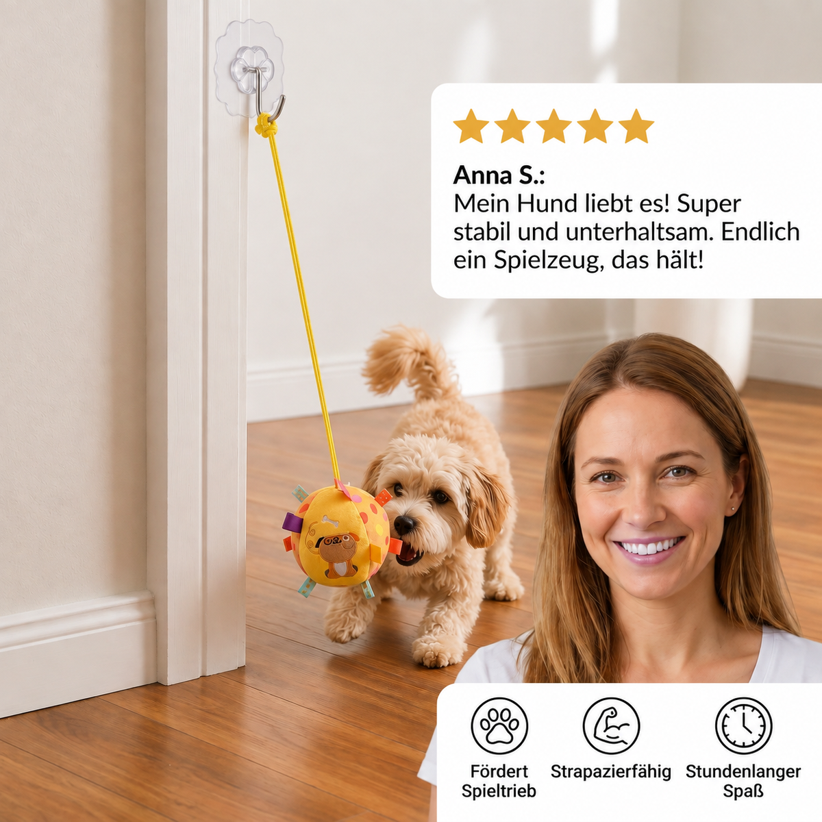 Interaktives hängendes Hundespielzeug mit elastischem Spielseil und Haken