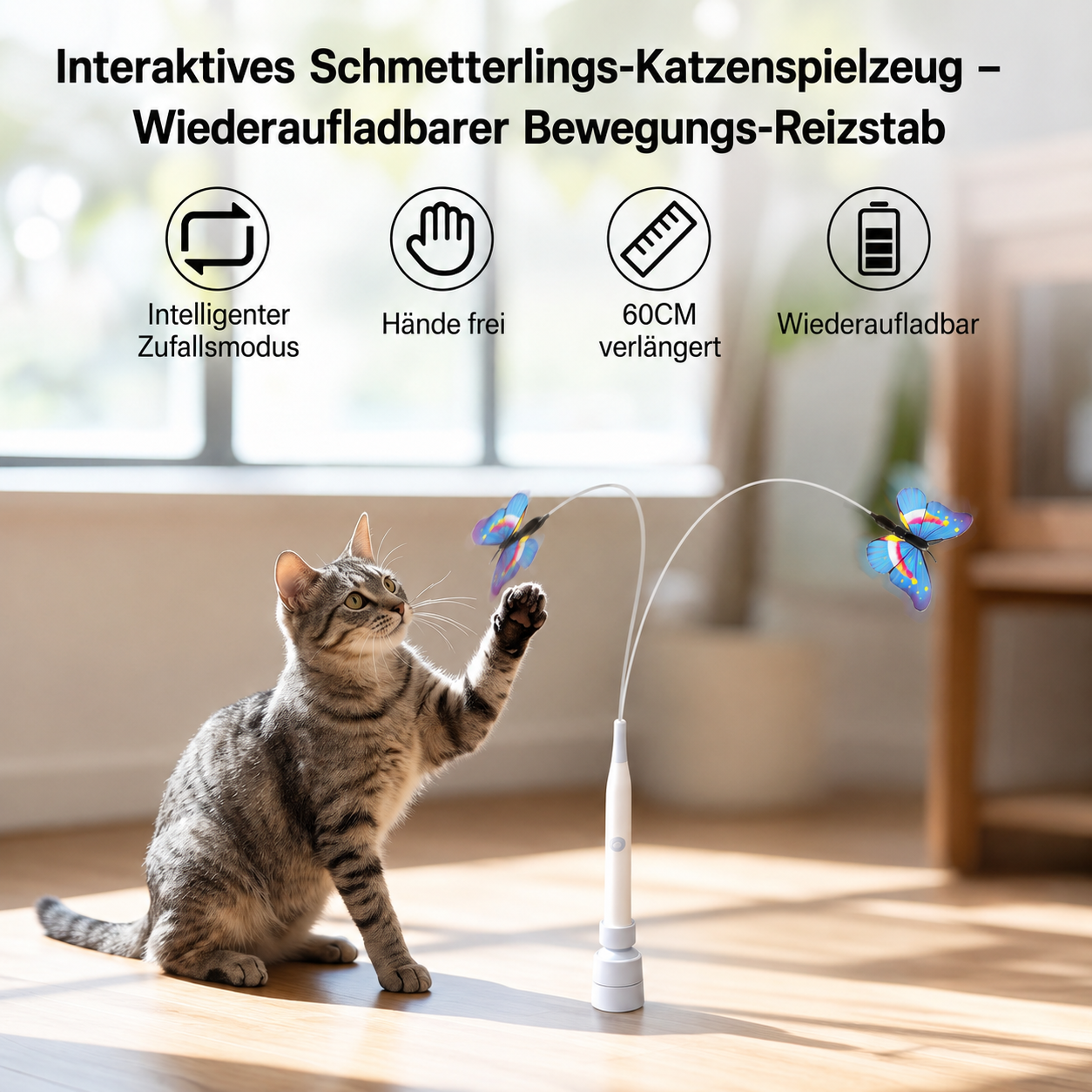 Interaktives, sich drehendes Schmetterlings-Katzenspielzeug – Wiederaufladbarer Bewegungs-Reizstab