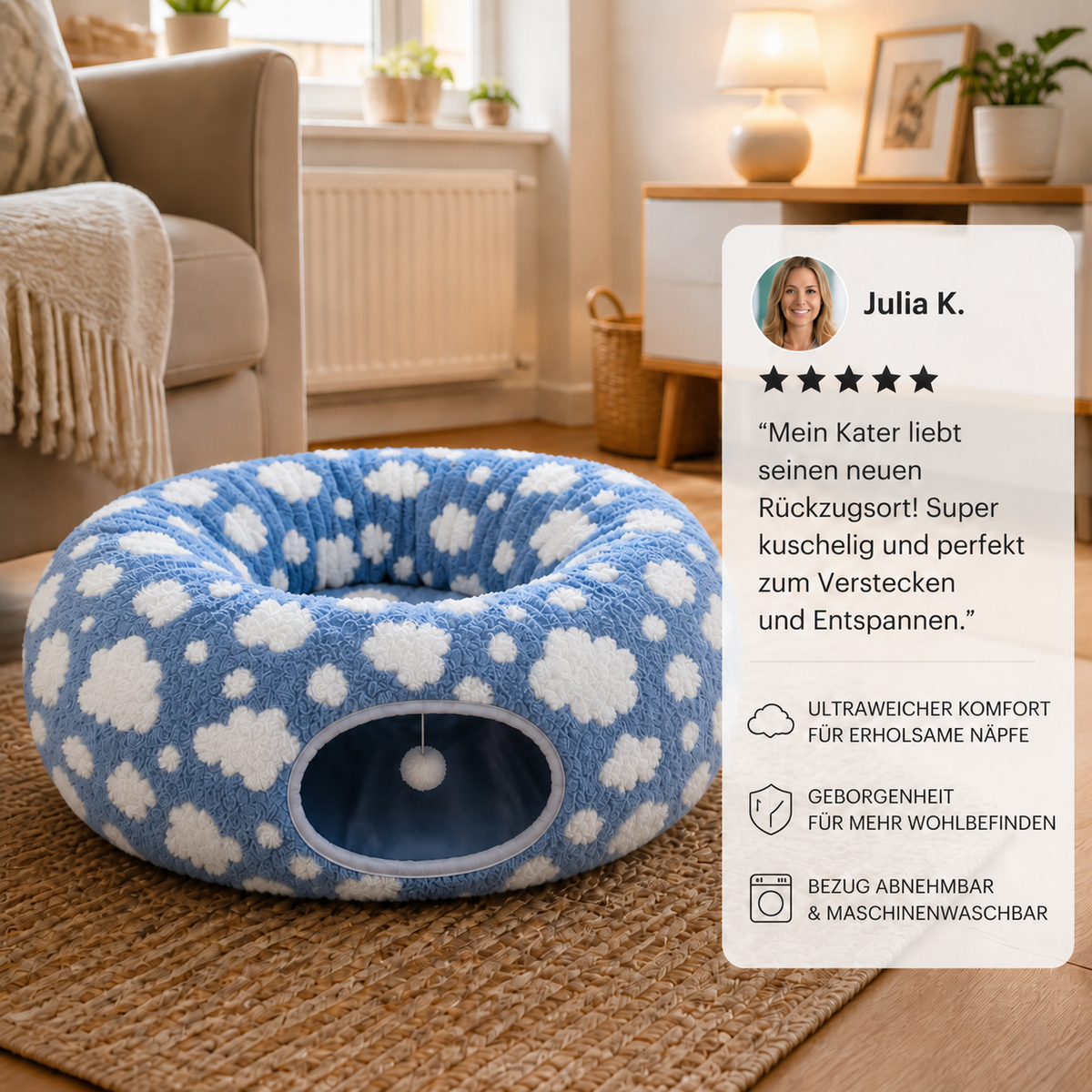 Flauschiger 2-in-1 Spieltunnel & beruhigendes Haustierbett mit Kuscheldecke und GucklochFlauschiger 2-in-1 Spieltunnel & beruhigendes Haustierbett mit Kuscheldecke und Guckloch