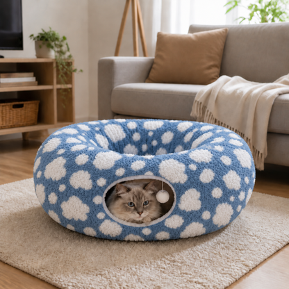 Flauschiger 2-in-1 Spieltunnel & beruhigendes Haustierbett mit Kuscheldecke und GucklochFlauschiger 2-in-1 Spieltunnel & beruhigendes Haustierbett mit Kuscheldecke und Guckloch