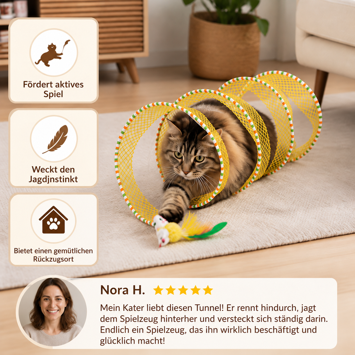 Faltbarer spiralförmiger Katzen-Spieltunnel mit Feder-Glöckchen