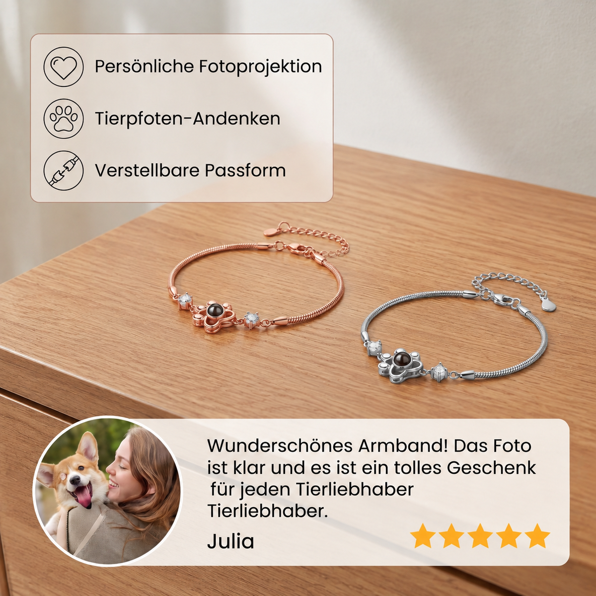 Personalisiertes Pfoten-Foto-Projektions-Andenkenarmband