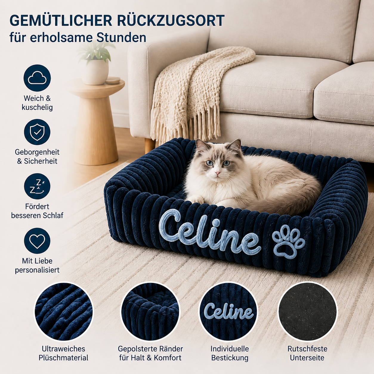 Personalisiertes, flauschiges Wolken-Katzenbett mit weicher Umrandung