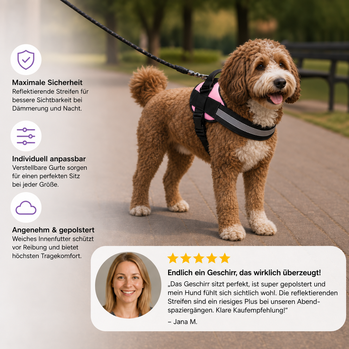 Reflektierendes verstellbares Hundegeschirr mit 3 Leinenclips – Gepolstert für Spaziergänge & Training