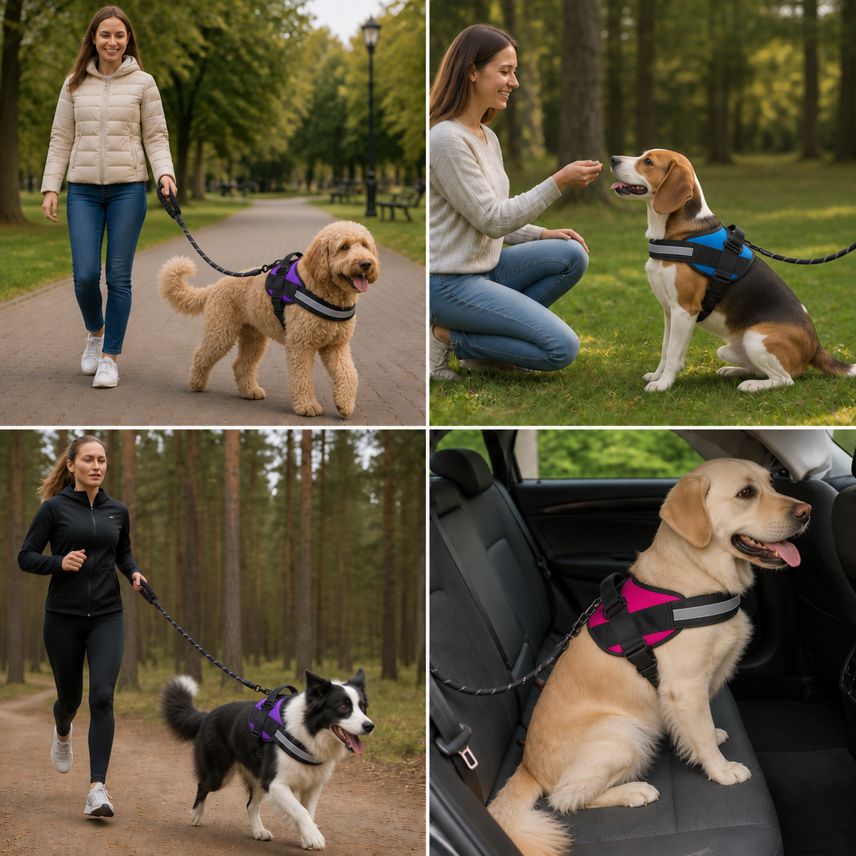 Reflektierendes verstellbares Hundegeschirr mit 3 Leinenclips – Gepolstert für Spaziergänge & Training
