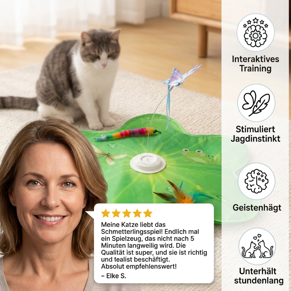 Interaktives 3-in-1-Katzenspielzeug mit Schmetterling – Spielmatte mit Schmetterling und Feder-Spielzeug