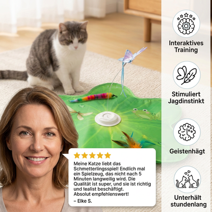 Interaktives 3-in-1-Katzenspielzeug mit Schmetterling – Spielmatte mit Schmetterling und Feder-Spielzeug