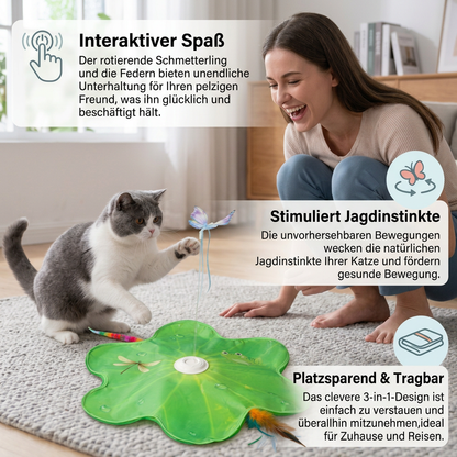 Interaktives 3-in-1-Katzenspielzeug mit Schmetterling – Spielmatte mit Schmetterling und Feder-Spielzeug