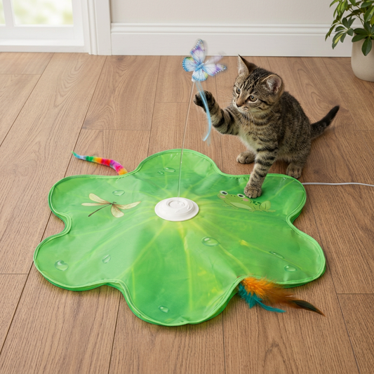 Interaktives 3-in-1-Katzenspielzeug mit Schmetterling – Spielmatte mit Schmetterling und Feder-Spielzeug