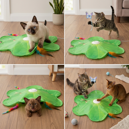 Interaktives 3-in-1-Katzenspielzeug mit Schmetterling – Spielmatte mit Schmetterling und Feder-Spielzeug