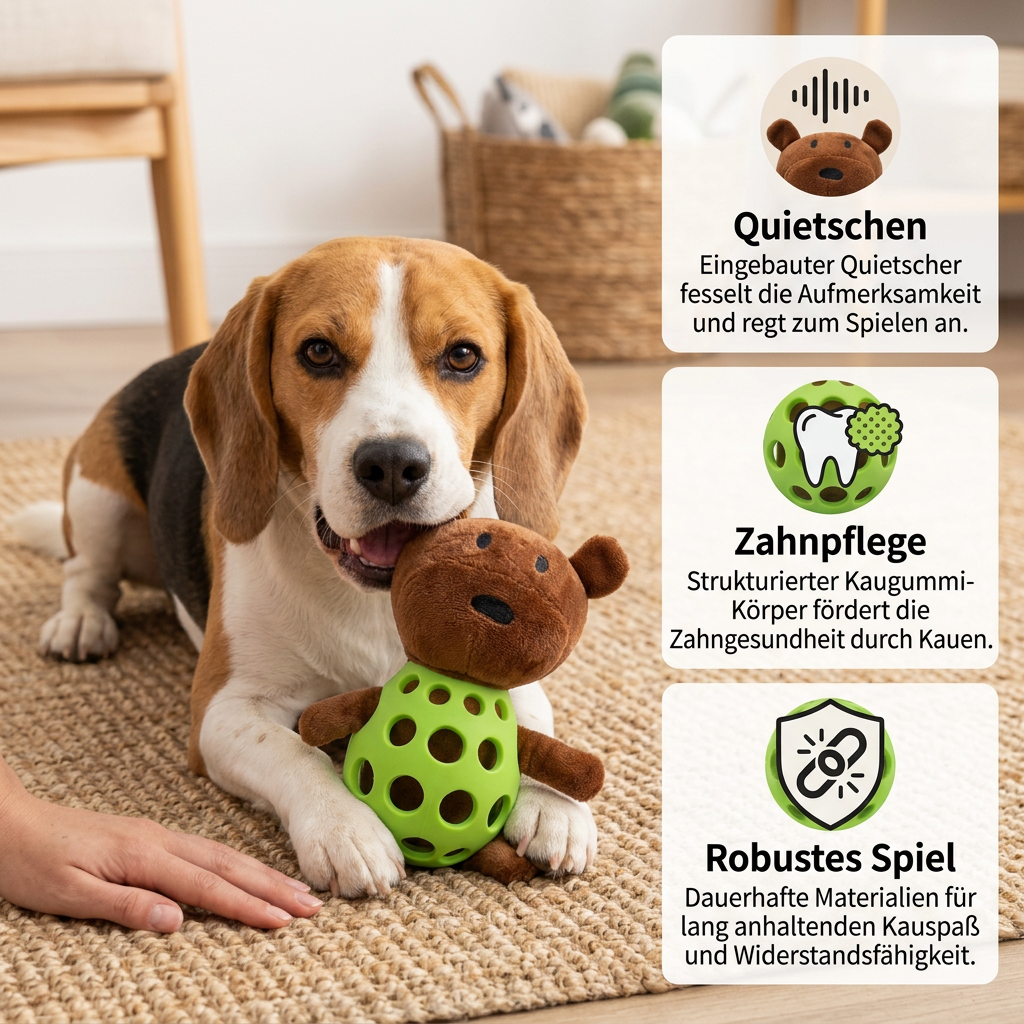 2-in-1-Bären-Hundespielzeug – Quietschendes Plüschtier & Zahnpflege-Kauspielball