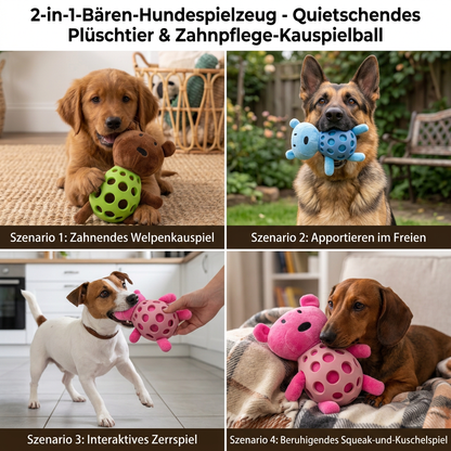 2-in-1-Bären-Hundespielzeug – Quietschendes Plüschtier & Zahnpflege-Kauspielball