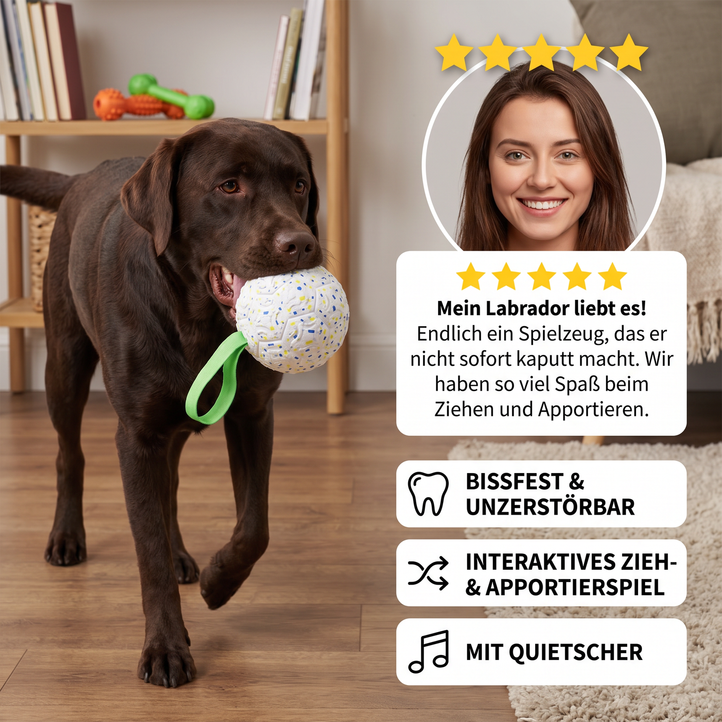 Unzerstörbarer Quietschball für Hunde – bissfestes, interaktives Zieh- und Apportierspielzeug