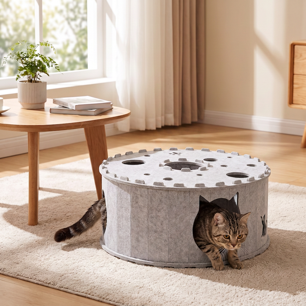 4-in-1-faltbares Katzen-Tunnelhaus – Interaktives Versteck, Kratzbaum und Spielbett