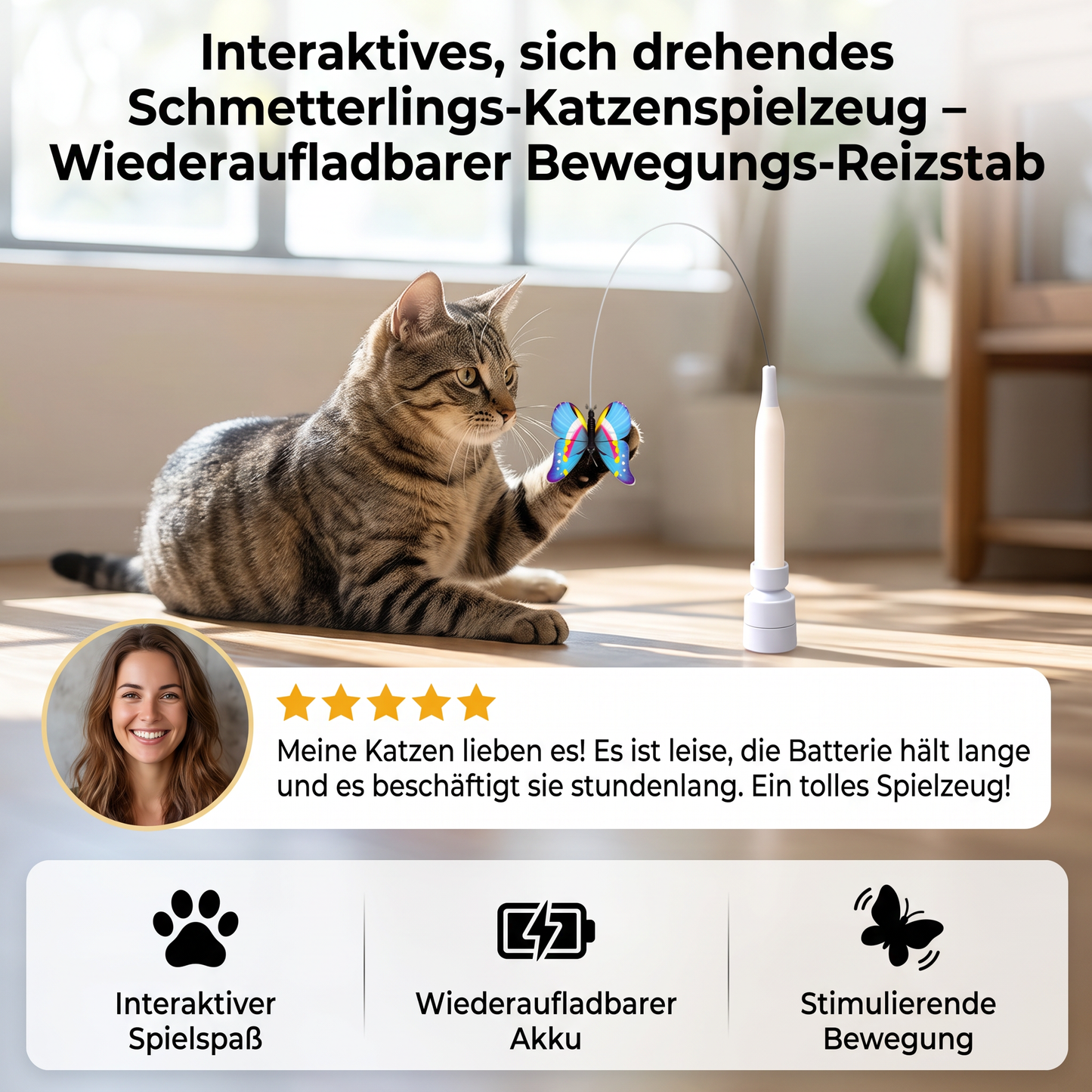 Interaktives, sich drehendes Schmetterlings-Katzenspielzeug – Wiederaufladbarer Bewegungs-Reizstab