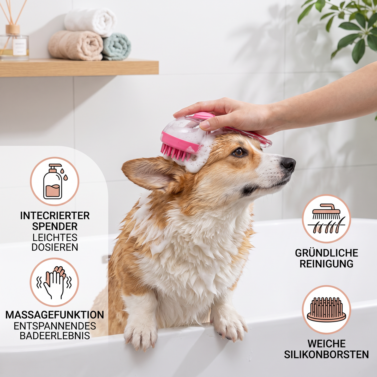 2-in-1 Silikon-Bade- und Massagebürste für Haustiere mit Shampoo-Spender