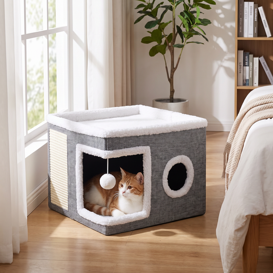 Modernes faltbares Katzenhaus mit doppelseitigem Ganzjahreskissen & Hängespielzeug