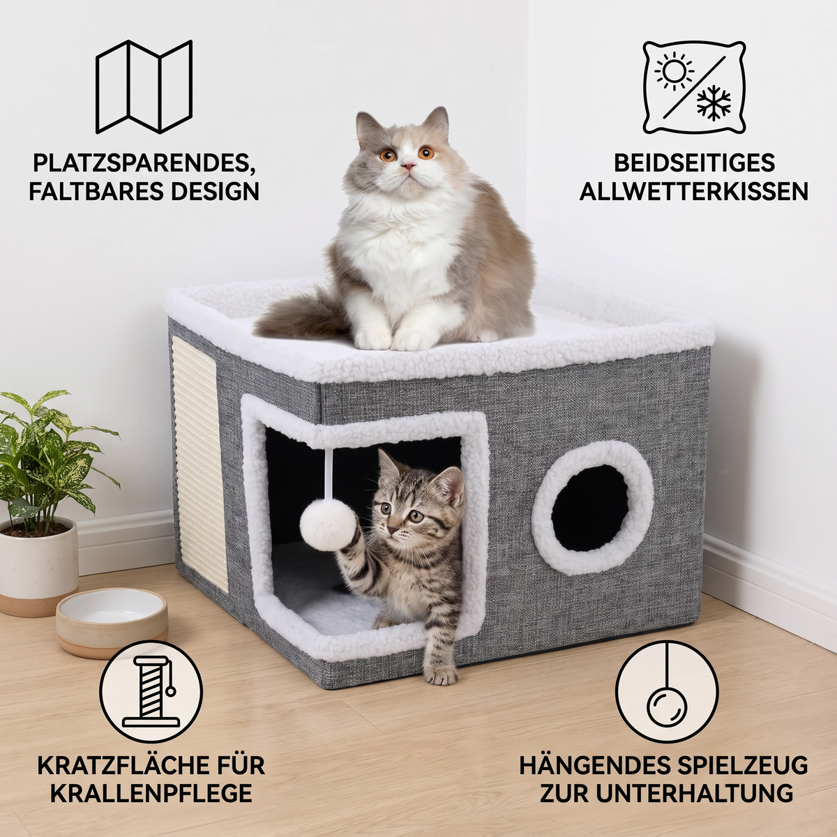 Modernes faltbares Katzenhaus mit doppelseitigem Ganzjahreskissen & Hängespielzeug