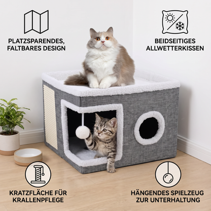 Modernes faltbares Katzenhaus mit doppelseitigem Ganzjahreskissen & Hängespielzeug
