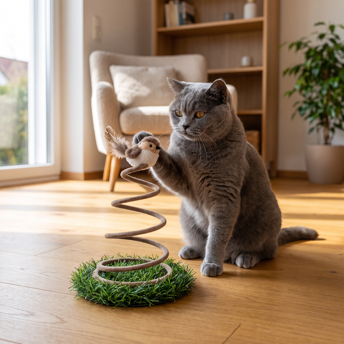 Interaktives Feder-Vogelspielzeug für Katzen mit Grasbasis