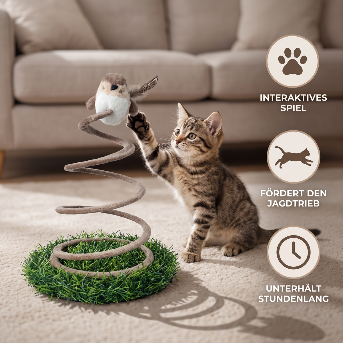 Interaktives Feder-Vogelspielzeug für Katzen mit Grasbasis