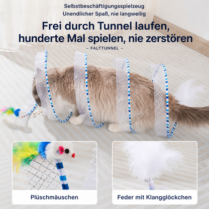 Faltbarer spiralförmiger Katzen-Spieltunnel mit Feder-Glöckchen