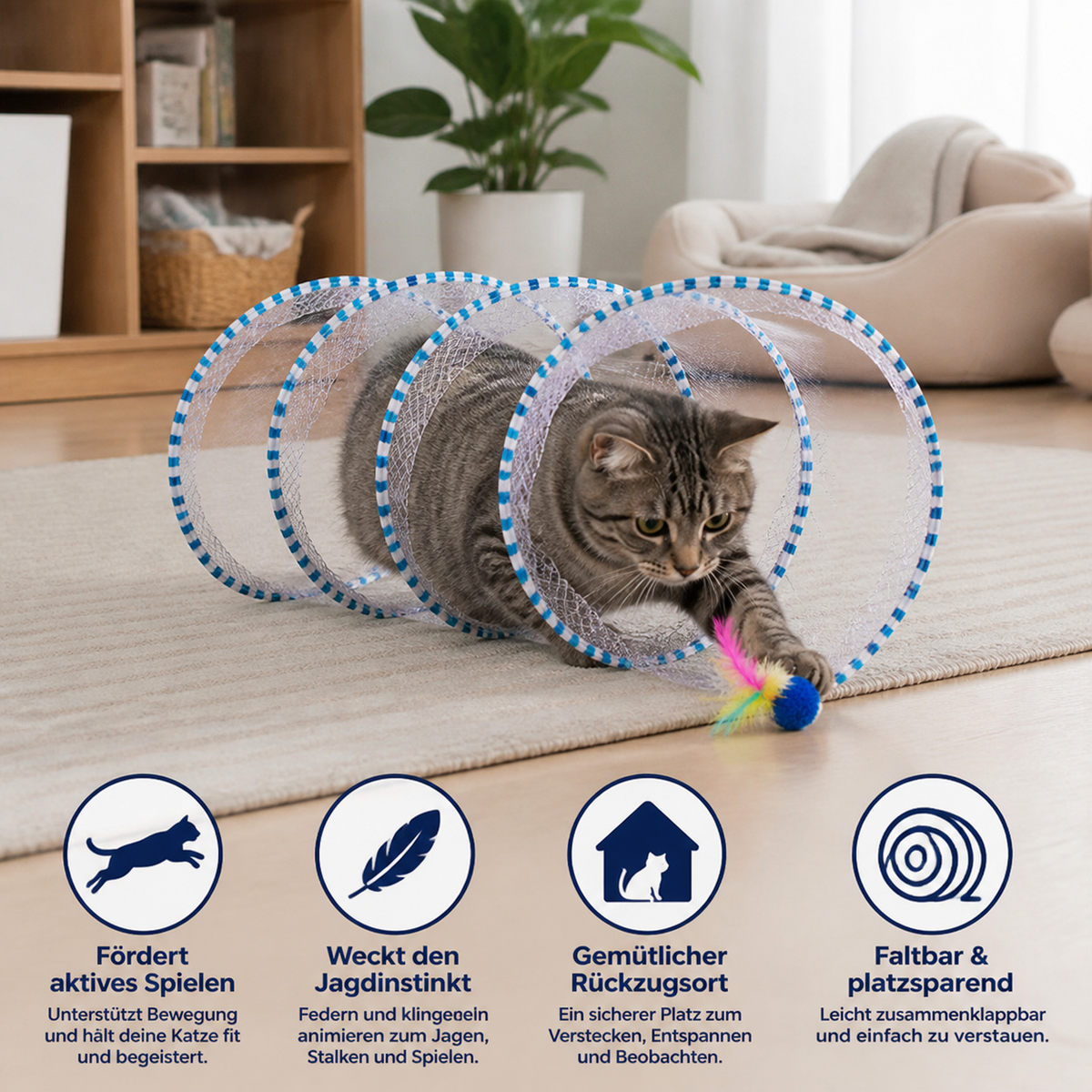 Faltbarer spiralförmiger Katzen-Spieltunnel mit Feder-Glöckchen