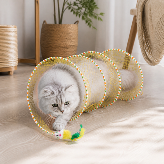 Faltbarer spiralförmiger Katzen-Spieltunnel mit Feder-Glöckchen