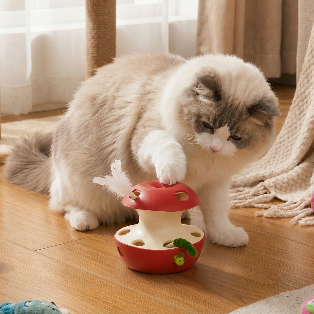 3-in-1-Katzenspielzeug in Apfelform – Interaktives Spielzeug mit Feder und Ball