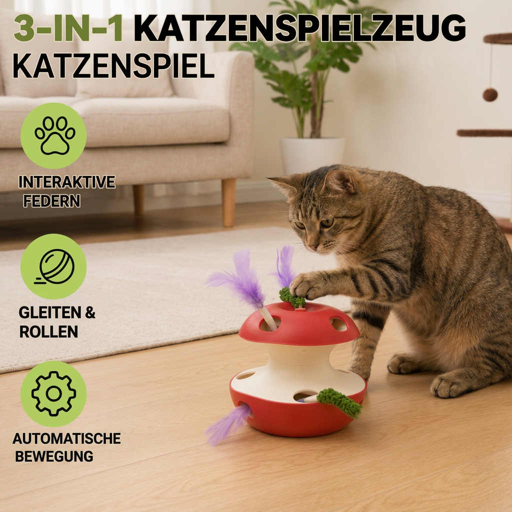 3-in-1-Katzenspielzeug in Apfelform – Interaktives Spielzeug mit Feder und Ball