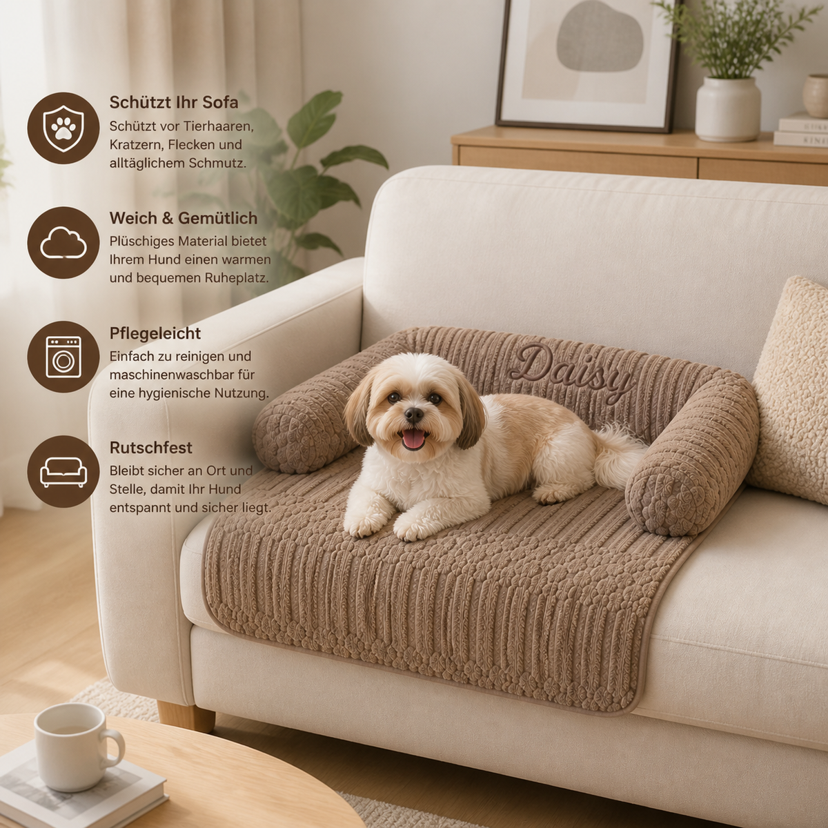 Personalisiertes flauschiges Hundesofa & schützender Sofabezug