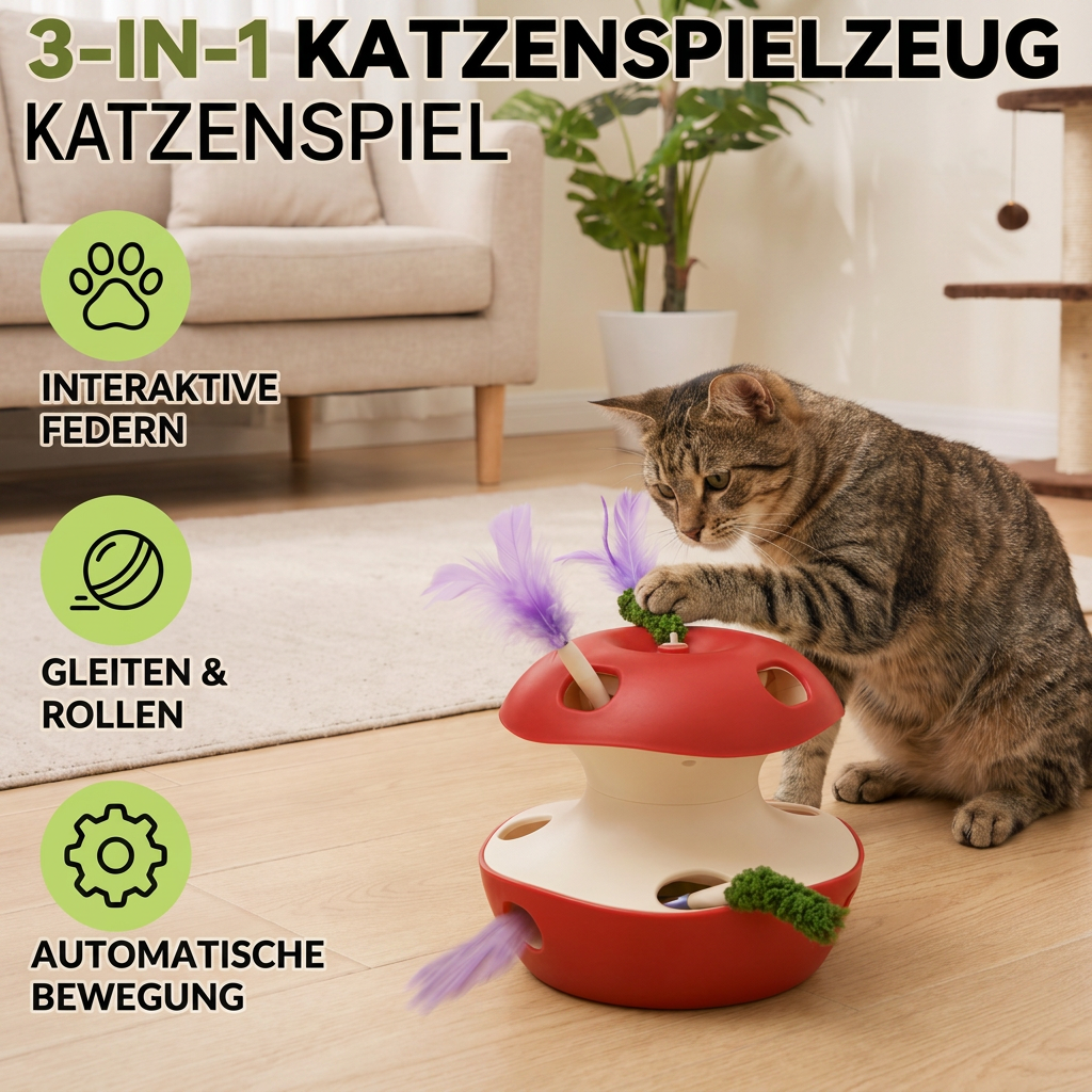 3-in-1-Katzenspielzeug in Apfelform – Interaktives Spielzeug mit Feder und Ball