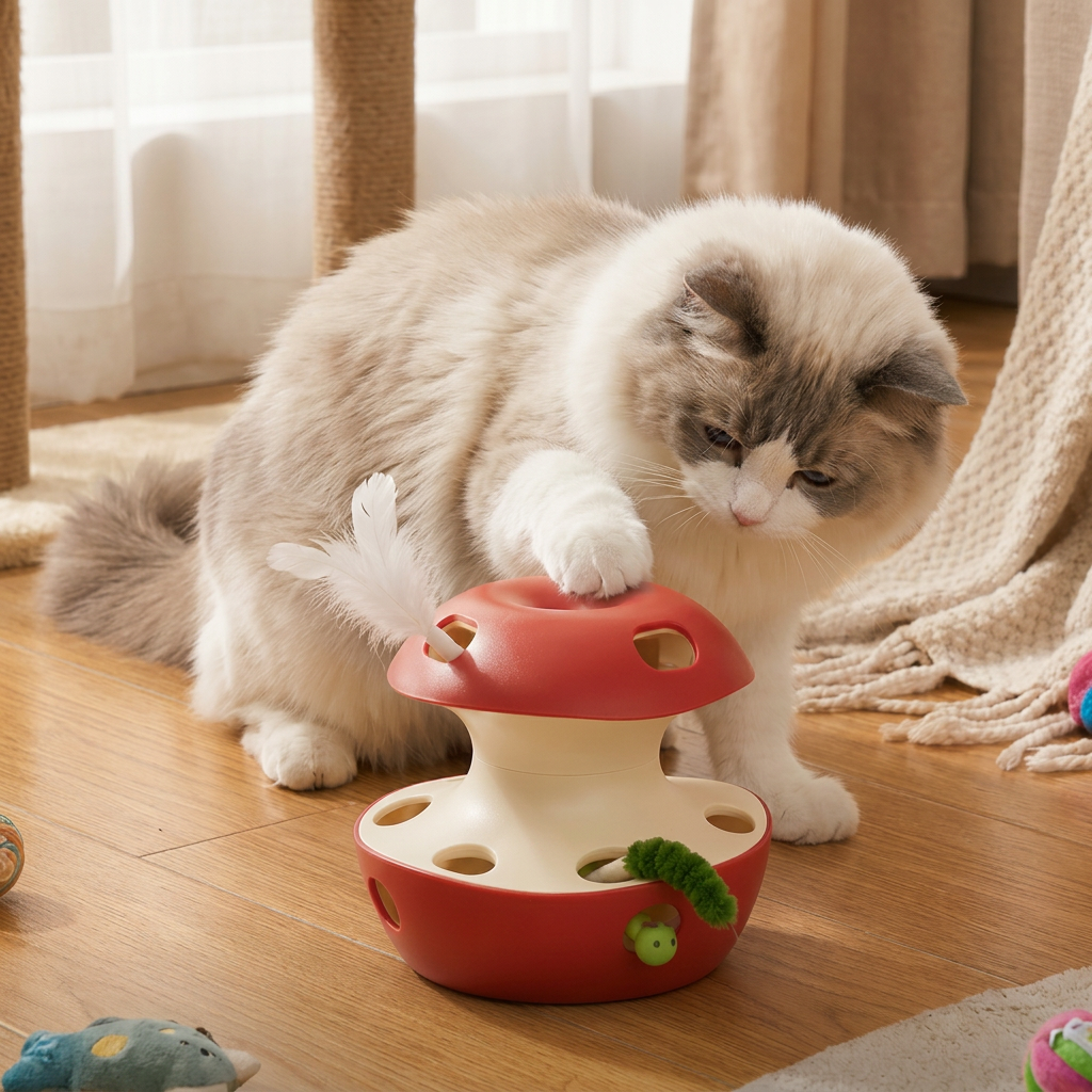 3-in-1-Katzenspielzeug in Apfelform – Interaktives Spielzeug mit Feder und Ball