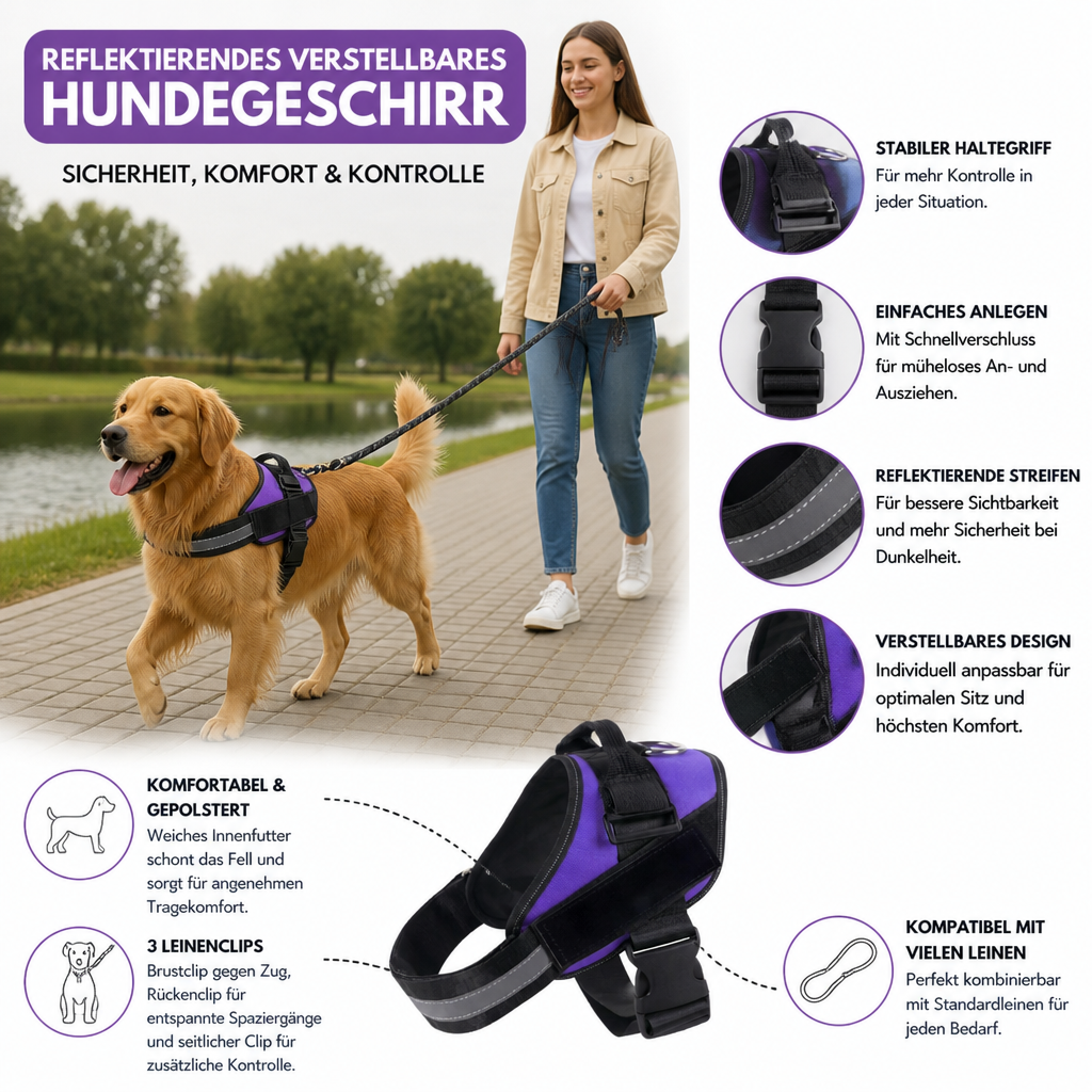 Reflektierendes verstellbares Hundegeschirr mit 3 Leinenclips – Gepolstert für Spaziergänge & Training