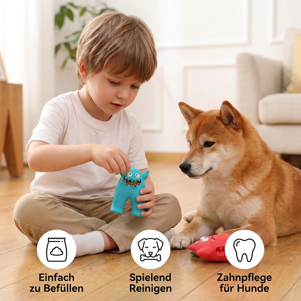 Robustes Zahnpflege-Kauspielzeug für Hunde – Zahnreinigungsmonster in Hundefarben