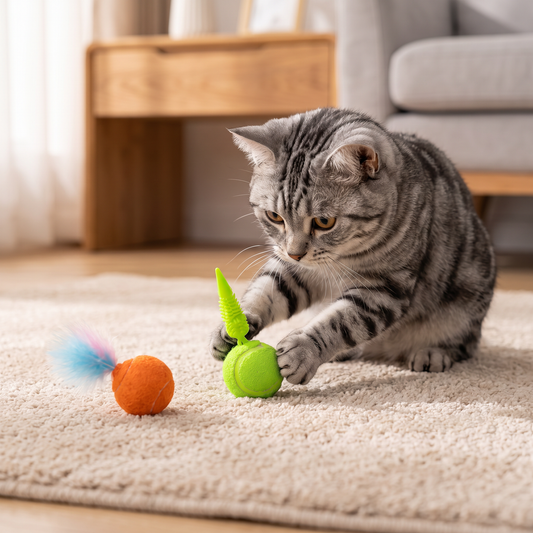 2er-Pack interaktive Katzenbälle – Plüschfeder-Schwanz und Quietschgeräusch