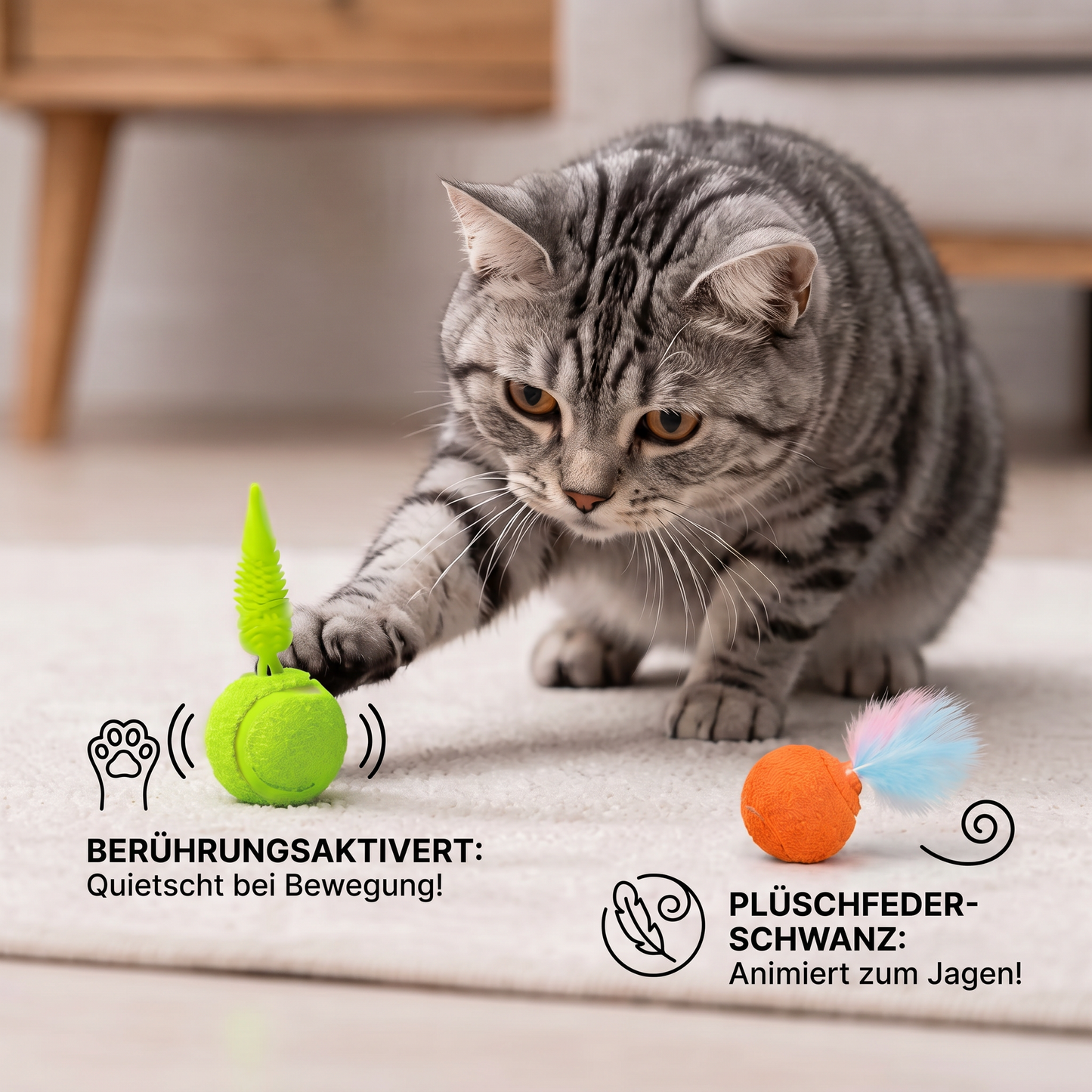 2er-Pack interaktive Katzenbälle – Plüschfeder-Schwanz und Quietschgeräusch