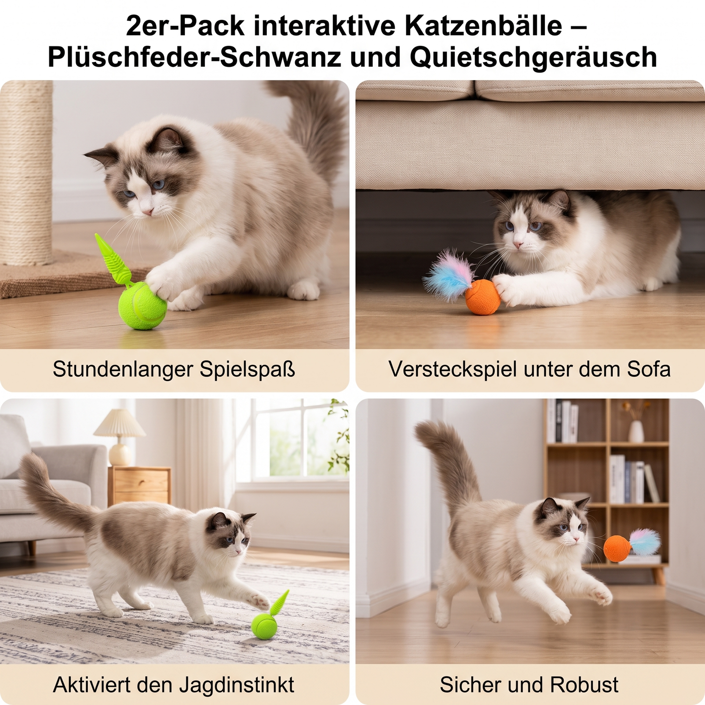 2er-Pack interaktive Katzenbälle – Plüschfeder-Schwanz und Quietschgeräusch