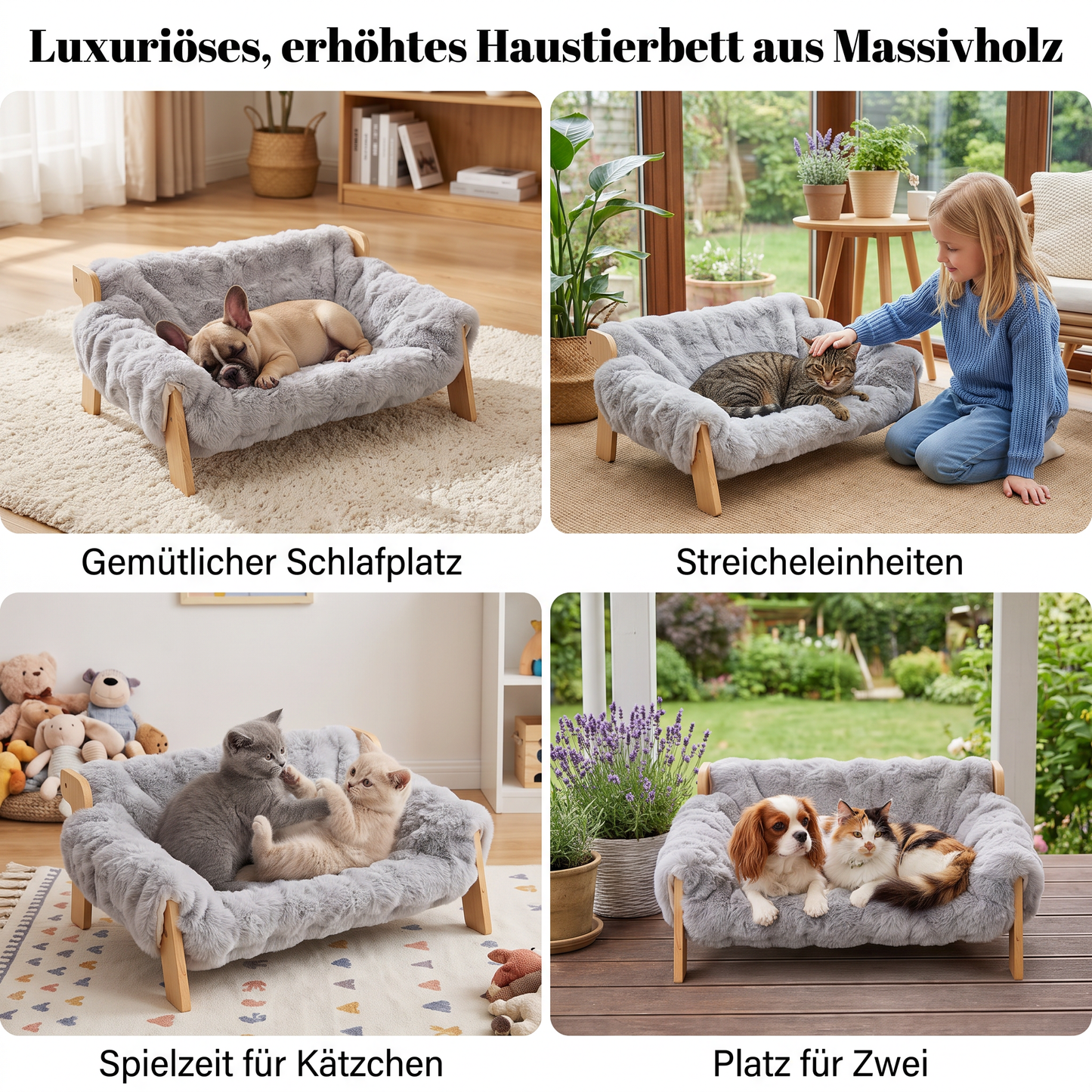 Luxuriöses, erhöhtes Haustierbett aus Massivholz